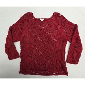 Chico's L Open Crochet Red Summer Sweater Romantic Beach Granny Core